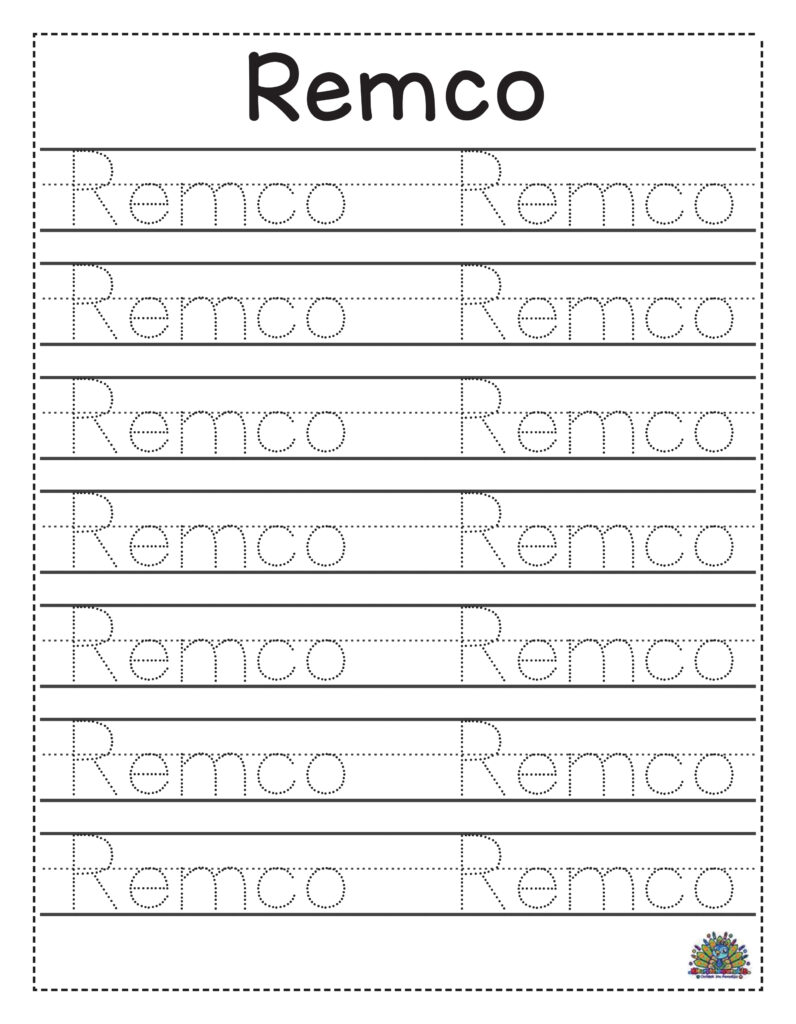 Printbaar schrijfoefening werkblad om de naam Remco te oefenen in stippellijnen voor kinderen