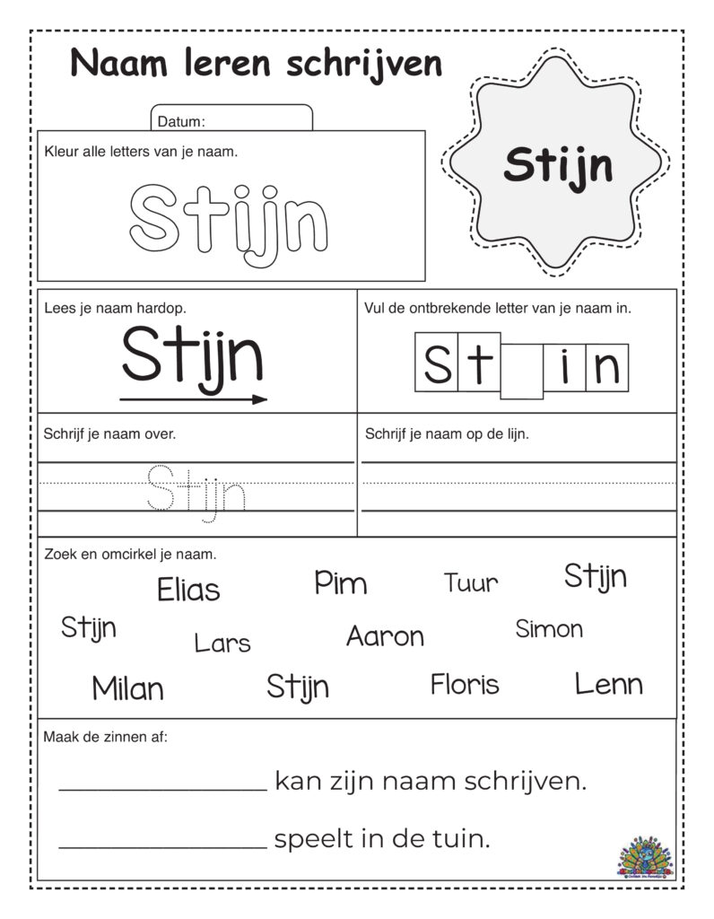 Printbaar werkblad om de naam Stijn te leren schrijven met kleuren, overschrijven, ontbrekende letters invullen en naam zoeken