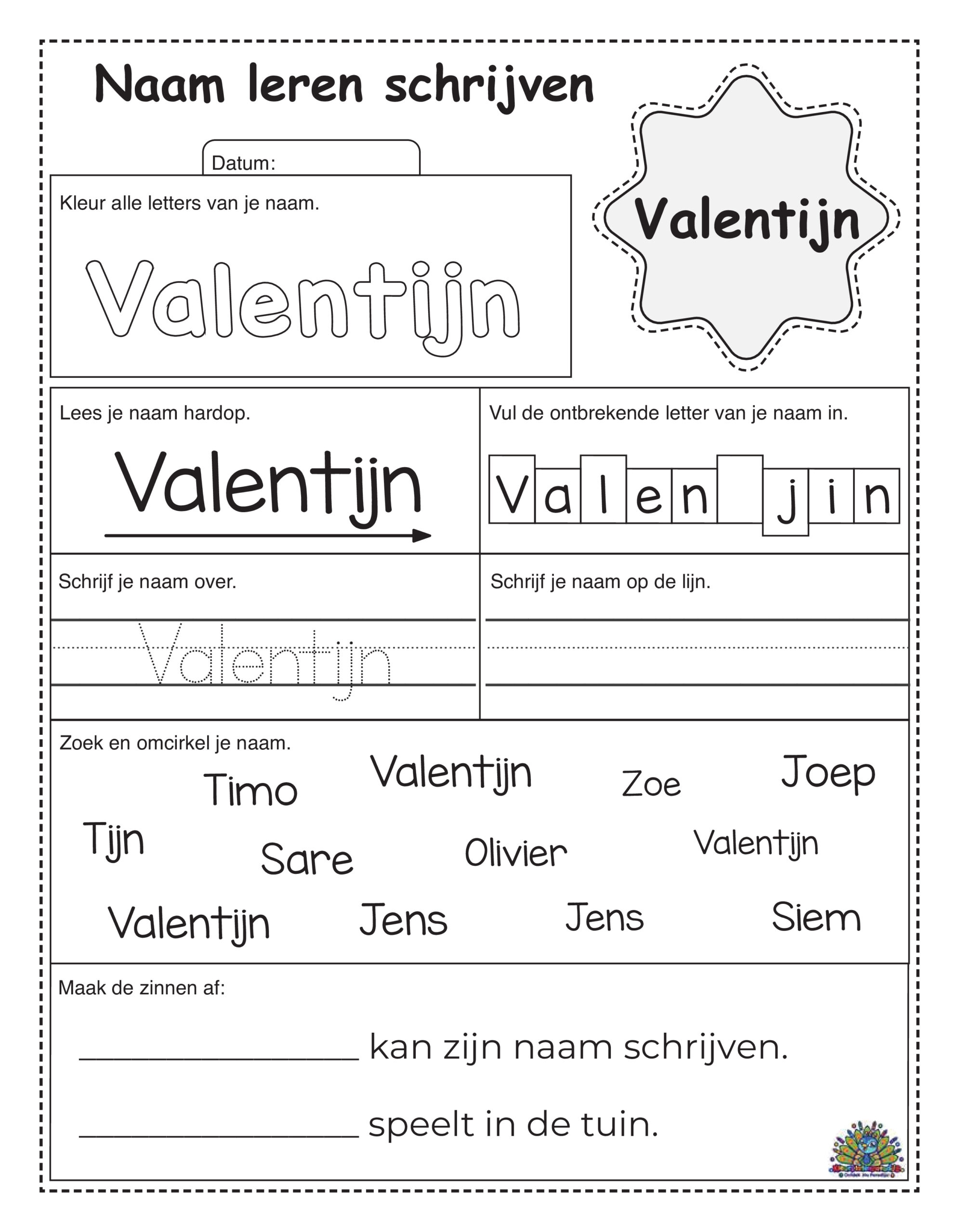 Werkblad om de naam Valentijn te leren schrijven, met kleur-, schrijf- en leesopdrachten voor kinderen.