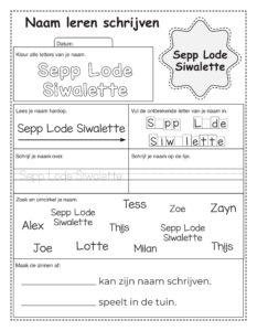 Werkblad voor kleuters om de naam Sepp Lode Siwalette te leren schrijven. Kinderen kleuren de letters, vullen de ontbrekende letters in, zoeken hun naam tussen andere namen en schrijven hun volledige naam op schrijflijnen.