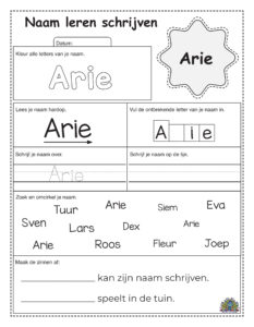 Kindvriendelijk werkblad voor educatief leren schrijven van de naam Arie met kleur- en schrijfopdrachten