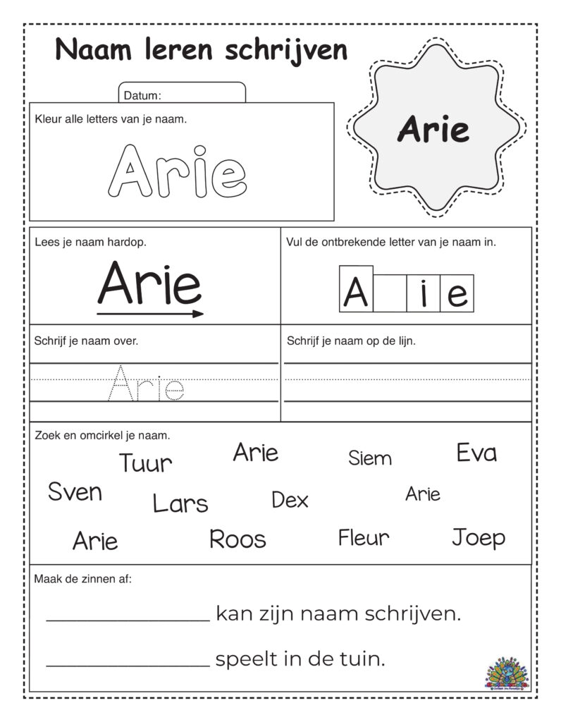 Kindvriendelijk werkblad voor educatief leren schrijven van de naam Arie met kleur- en schrijfopdrachten
