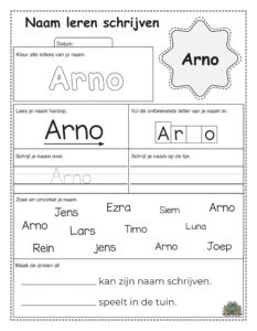 Oefenblad leren schrijven van de naam Arno met speelse oefeningen voor kinderen