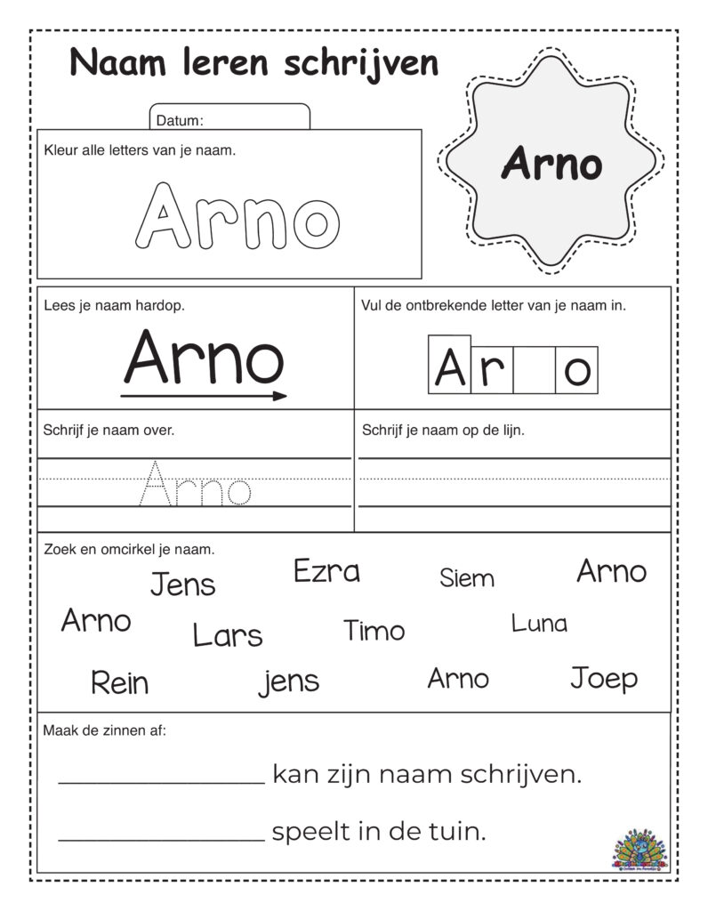 Oefenblad leren schrijven van de naam Arno met speelse oefeningen voor kinderen