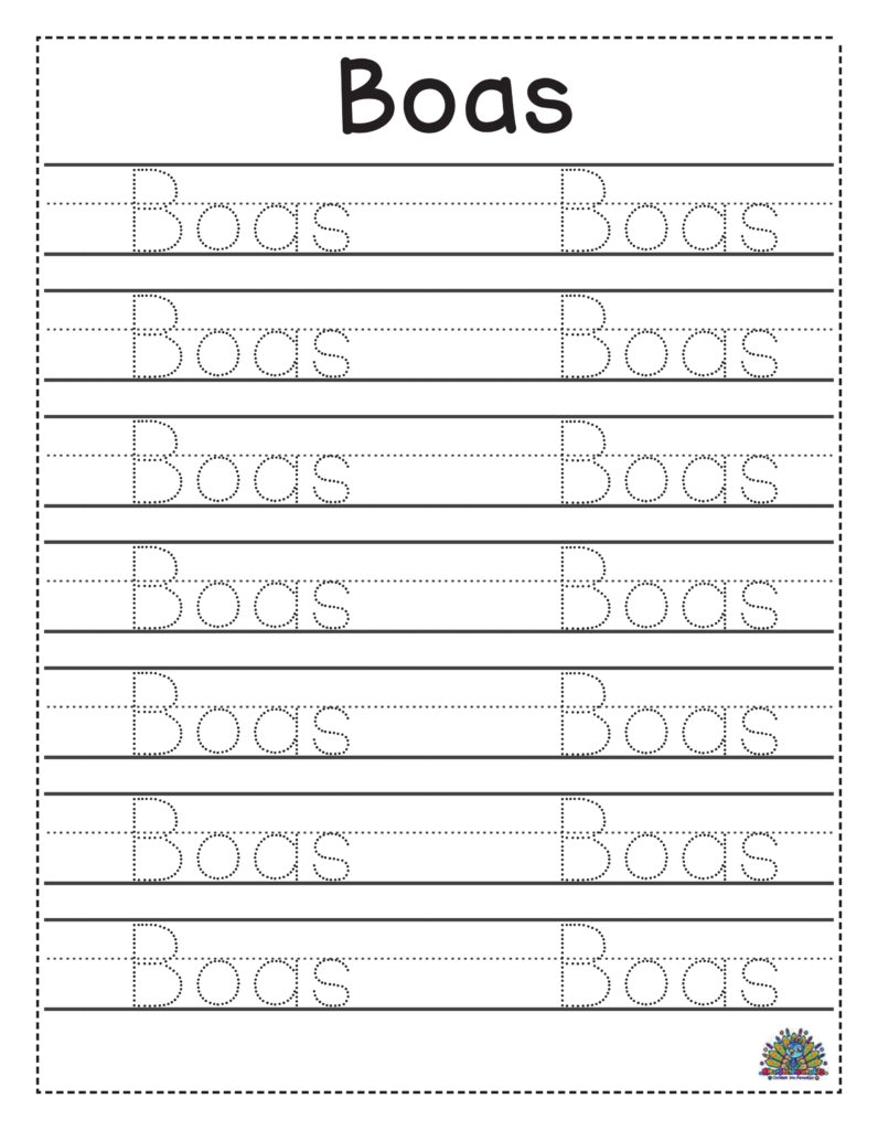 Schrijfwerkblad met het woord Boas om over te trekken en te oefenen