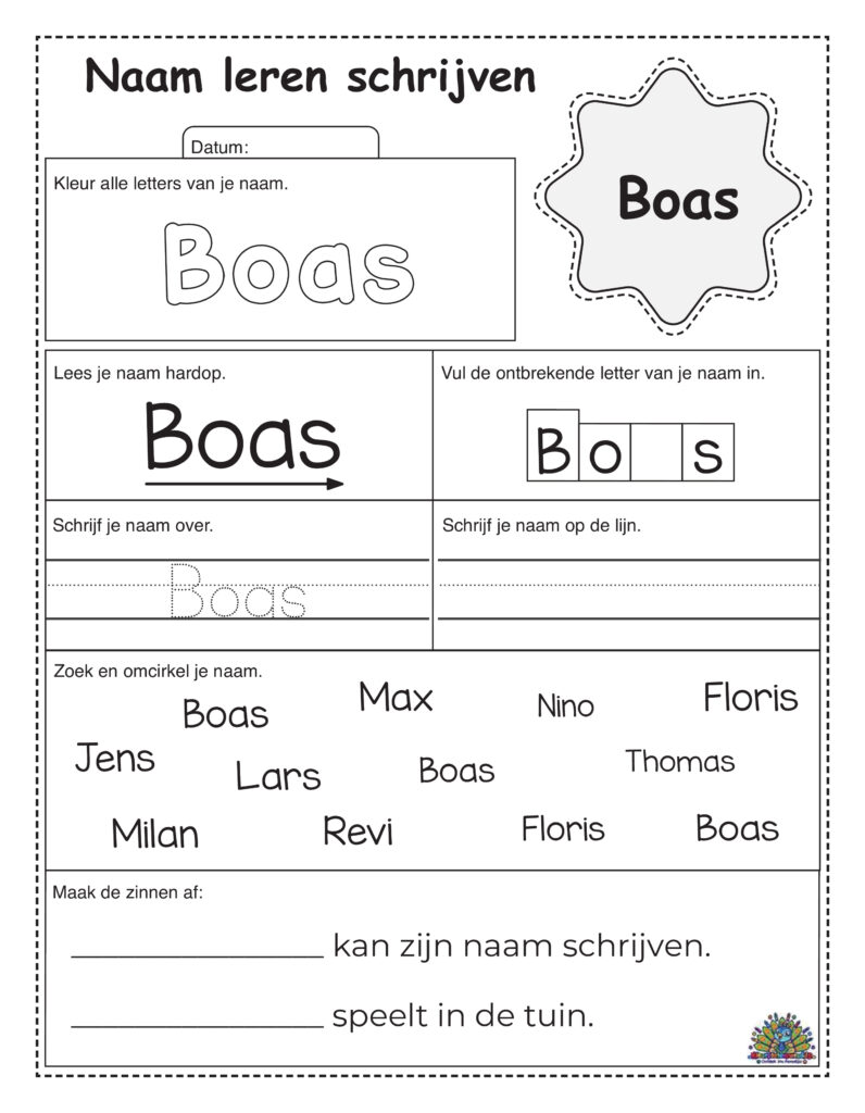 Werkblad voor kinderen met oefening om de naam Boas te schrijven, kleuren en herkennen