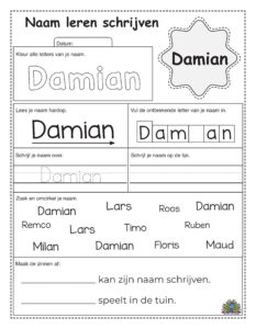 Werkblad om de naam Damian te leren schrijven met kleur-, lees- en schrijfopdrachten