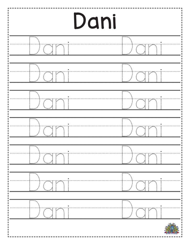Oefenblad voor het oefenen van het schrijven van de naam Dani