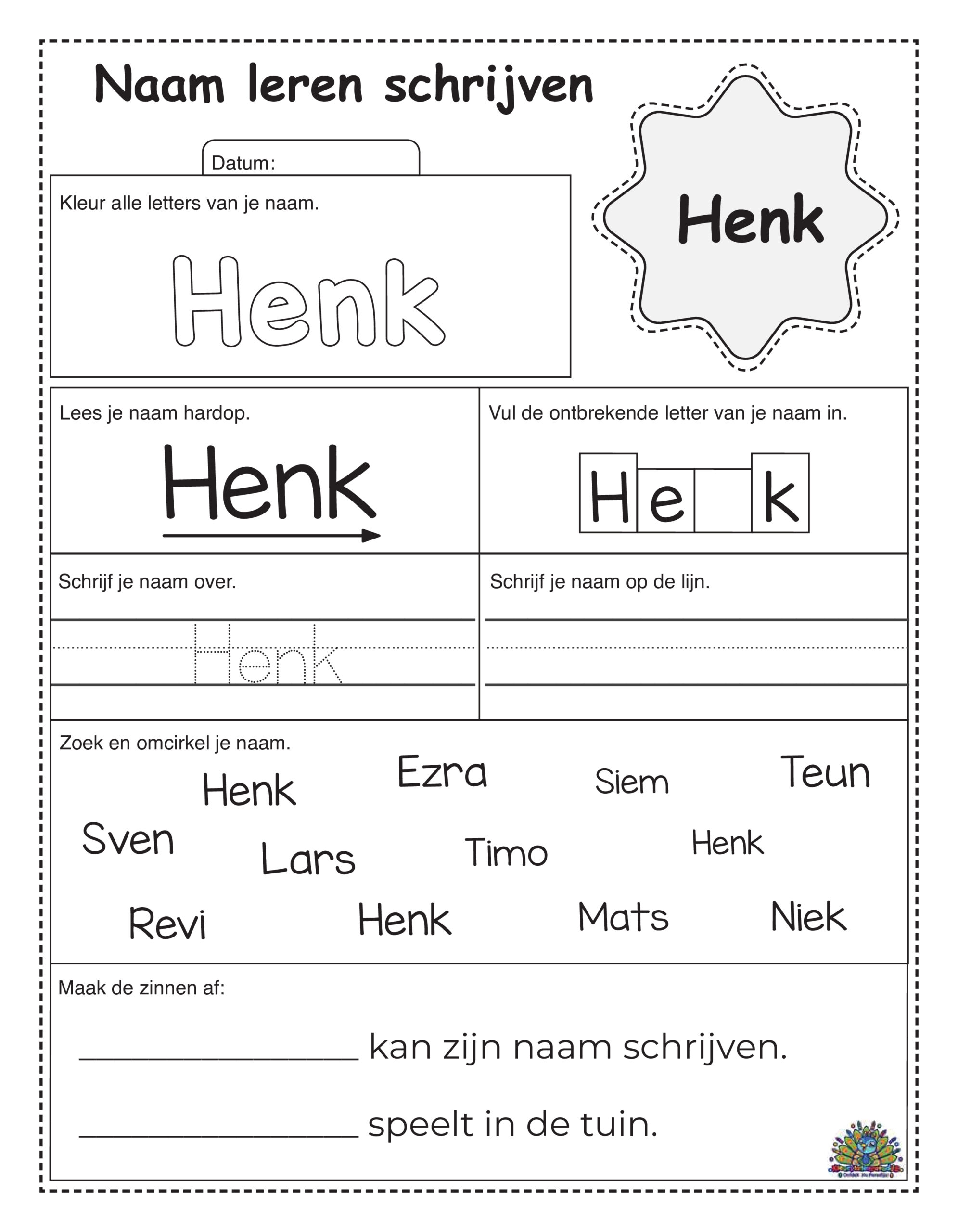 Werkblad om de naam Henk te leren schrijven met kleur-, lees- en schrijfopdrachten