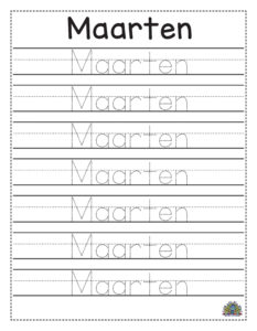 Werkblad voor naam schrijven en kleuren met de naam Maarten voor kinderen