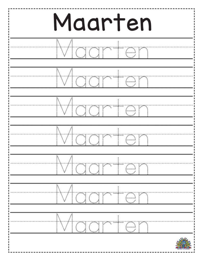 Werkblad voor naam schrijven en kleuren met de naam Maarten voor kinderen