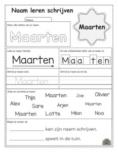 Werkblad voor naam schrijven oefenen met de naam Maarten, kleur-, traceer- en lettervuloefeningen voor kinderen
