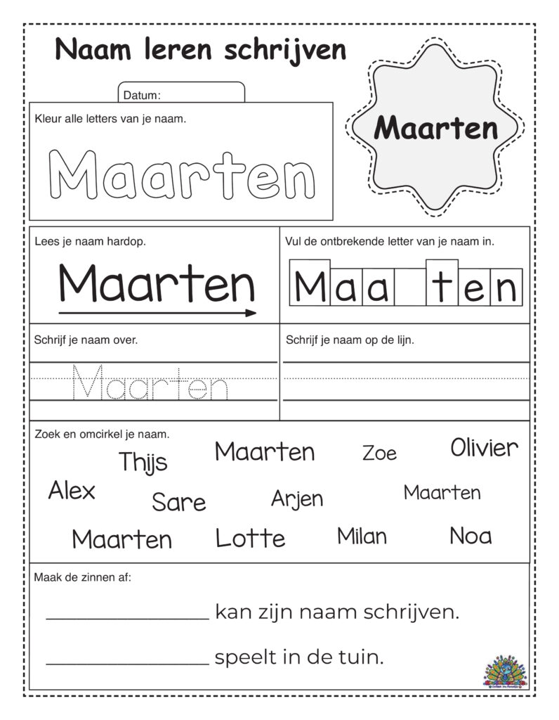 Werkblad voor naam schrijven oefenen met de naam Maarten, kleur-, traceer- en lettervuloefeningen voor kinderen