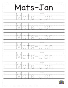 Oefenblad voor handschrift met de naam Mats-Jan in stippen om over te trekken