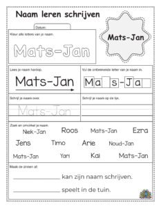 Werkblad om de naam Mats-Jan te leren schrijven met kleur-, lees- en schrijfoefeningen