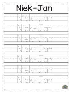 Schrijfblad met puntjes om de letters van de naam Niek-Jan over te trekken voor kinderen