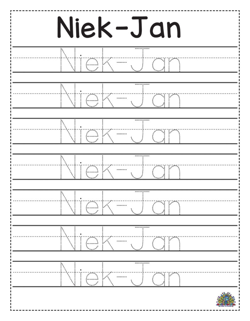 Schrijfblad met puntjes om de letters van de naam Niek-Jan over te trekken voor kinderen