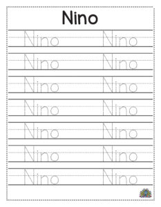 Werkblad voor kleuters om het woord Nino schriftelijk te oefenen met puntletters om over te trekken