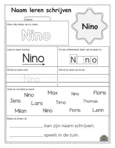 Werkblad voor kinderen om de naam Nino te oefenen met kleuren, overtrekken en zinnen invullen