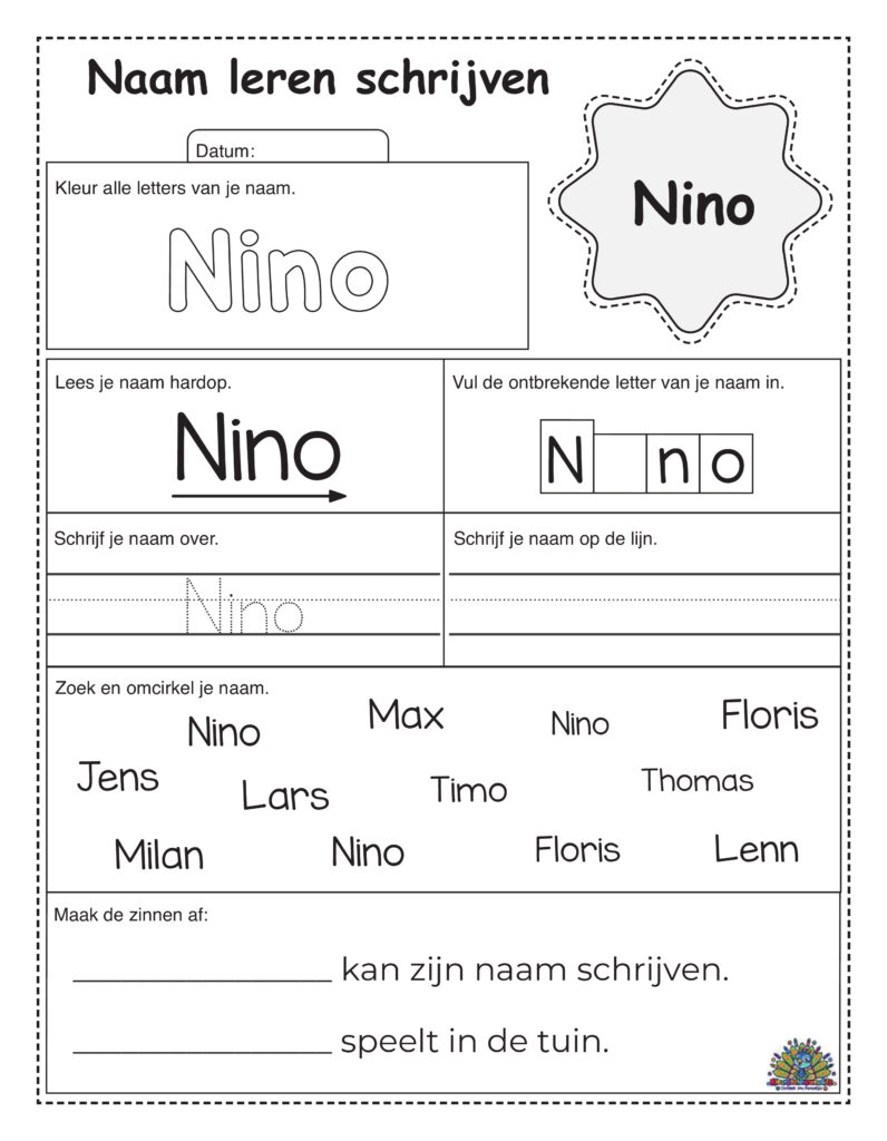 Werkblad voor kinderen om de naam Nino te oefenen met kleuren, overtrekken en zinnen invullen