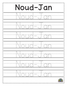 Werkblad met naam Noud-Jan om te overschrijven met gestippelde lijnen voor schrijfoefening.