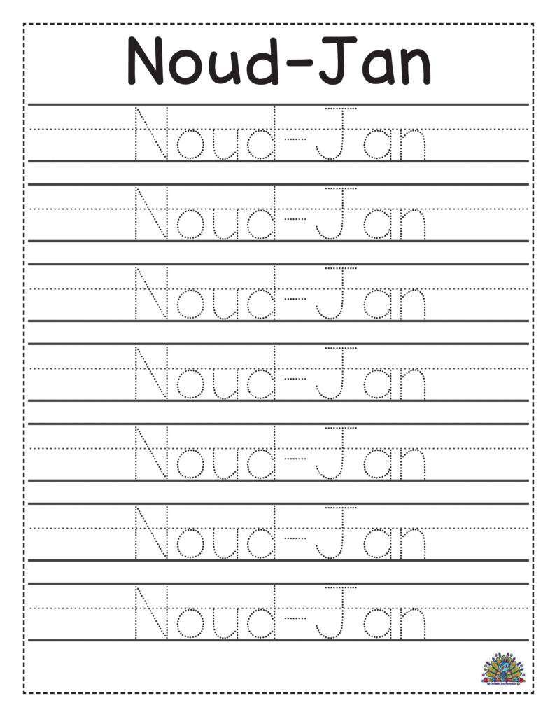 Werkblad met naam Noud-Jan om te overschrijven met gestippelde lijnen voor schrijfoefening.