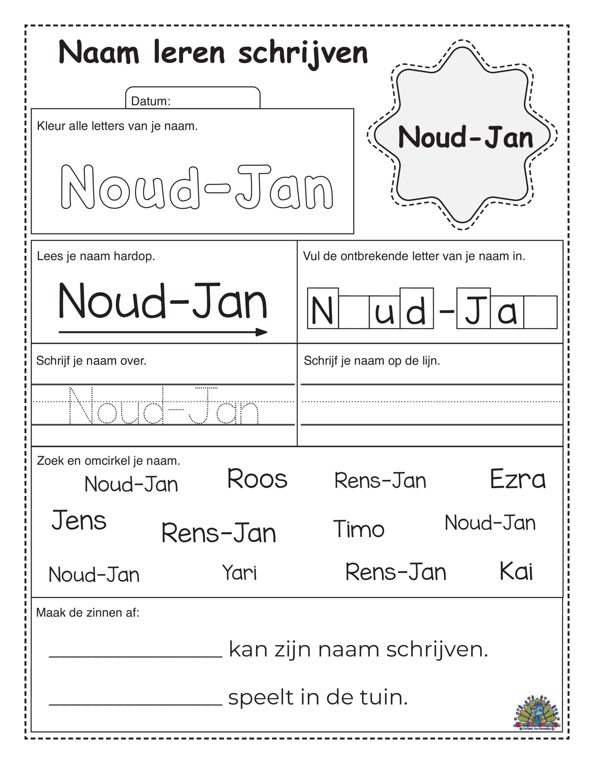 Naam schrijfwerkblad om de naam Noud-Jan te oefenen voor kinderen