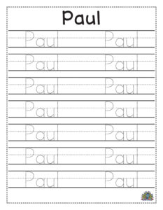 Schrijfoefening kleurplaat met de naam Paul en stippellijnen om na te trekken