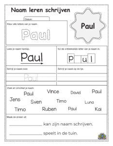 Werkblad met naam schrijf oefeningen voor kinderen met de naam Paul