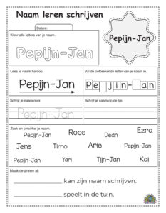 Werkblad om naam Pepijn-Jan te schrijven met kleur- en schrijfactiviteiten voor kleuters