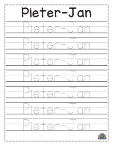 Handschrift oefenblad met de naam Pieter-Jan in stippellijnen om over te trekken