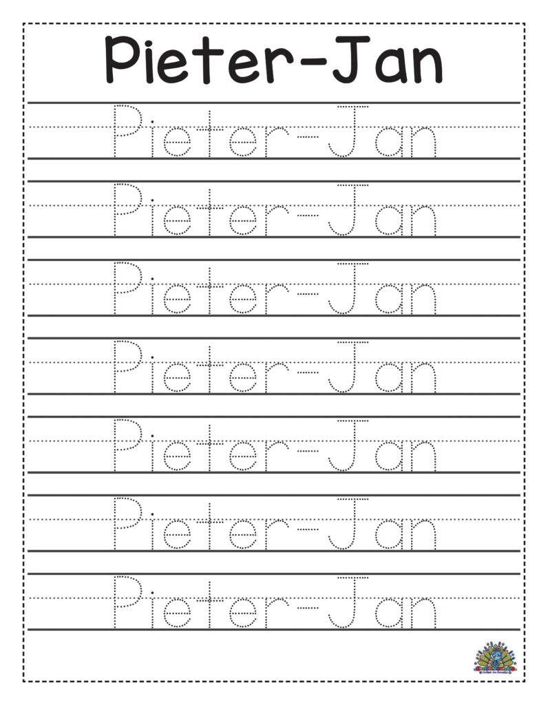 Handschrift oefenblad met de naam Pieter-Jan in stippellijnen om over te trekken