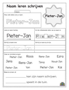Oefenwerkblad met kleur- en schrijfopdrachten voor de naam Pieter-Jan voor kinderen