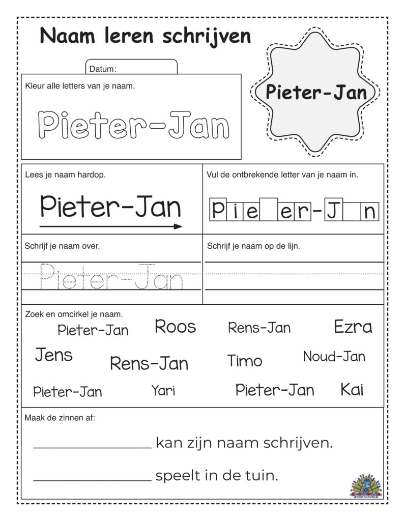Oefenwerkblad met kleur- en schrijfopdrachten voor de naam Pieter-Jan voor kinderen