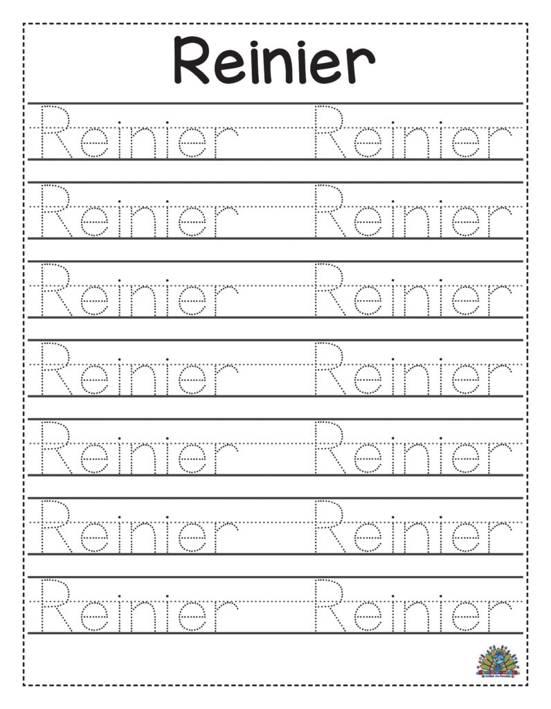Werkblad voor het oefenen van letters schrijven met de naam Reinier en stippellijnen voor kinderen