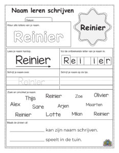 Werkblad voor kinderen om de naam Reinier te oefenen met overtrekken, kleuren en letterherkenning