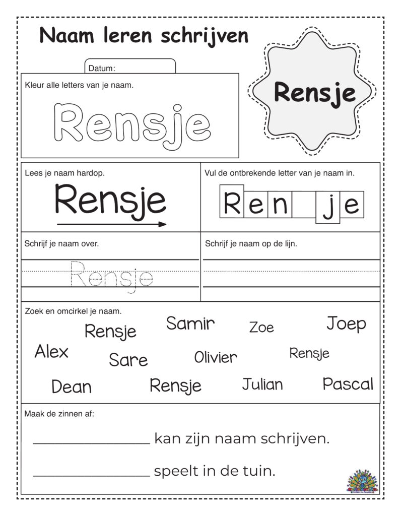 Educatief werkblad om naam Rensje te leren schrijven met letterspoor, invuloefeningen en letterherkenning