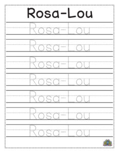 Oefenwerkblad met de naam Rosa-Lou in stippellijnen voor kinderen om letters te traceren en schrijven te oefenen.