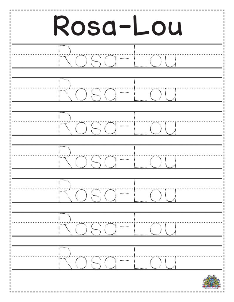 Oefenwerkblad met de naam Rosa-Lou in stippellijnen voor kinderen om letters te traceren en schrijven te oefenen.