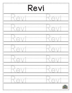 Schrijfblad met stippenletters om de naam Revi over te trekken
