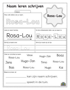 Werkblad voor kinderen om de naam Rosa-Lou te leren schrijven met kleur- en traceeroefeningen
