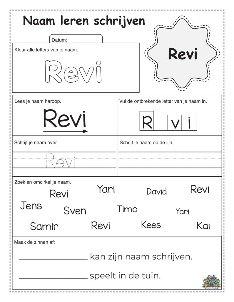 Werkblad voor peuters om de naam Revi te leren schrijven, met kleur- en schrijfopdrachten