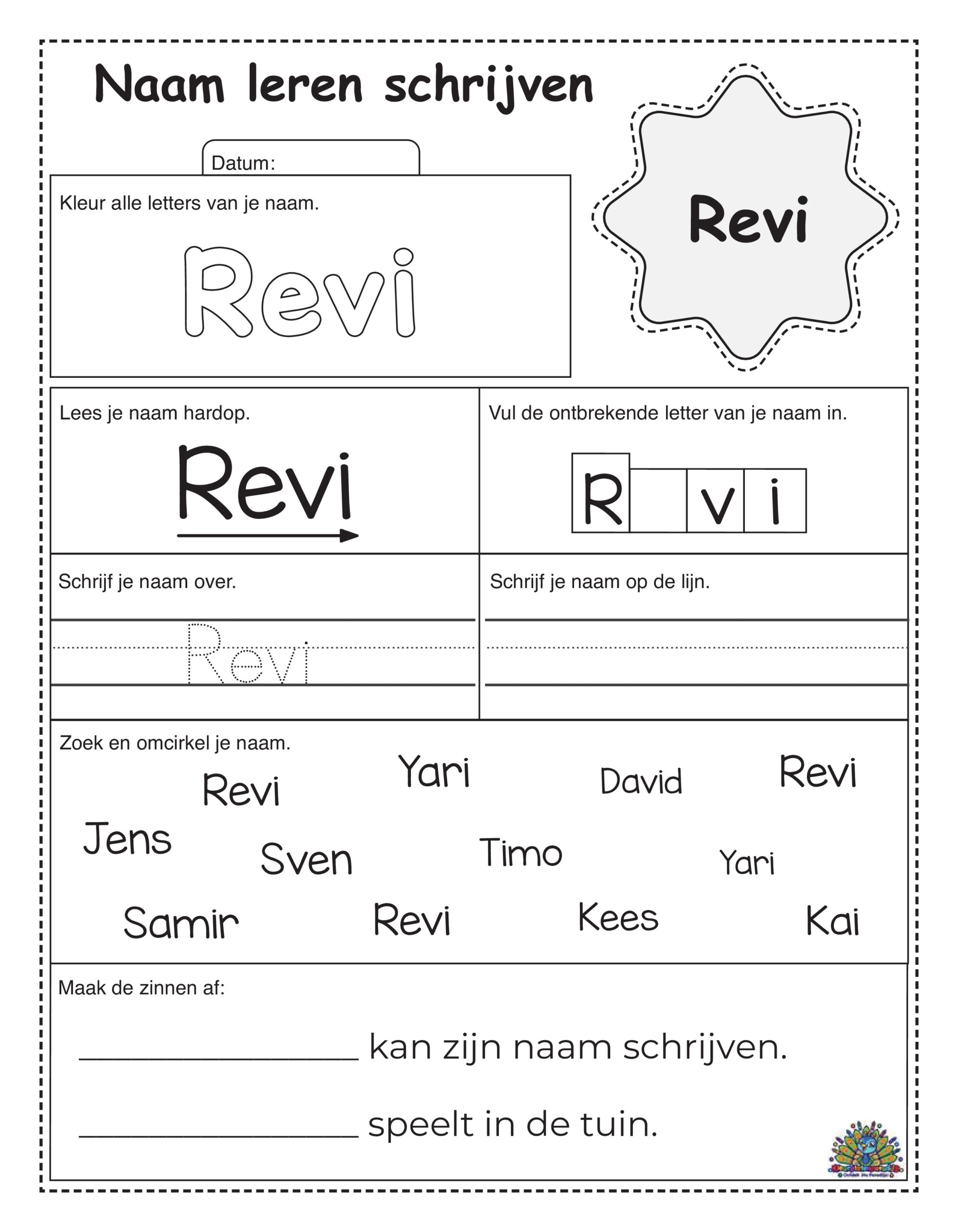 Werkblad voor peuters om de naam Revi te leren schrijven, met kleur- en schrijfopdrachten