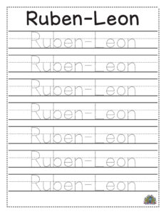 Werkblad voor kinderen om de naam Ruben-Leon over te schrijven om letters te oefenen
