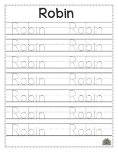 Oefenblad voor kinderen om de naam Robin te schrijven en over te trekken