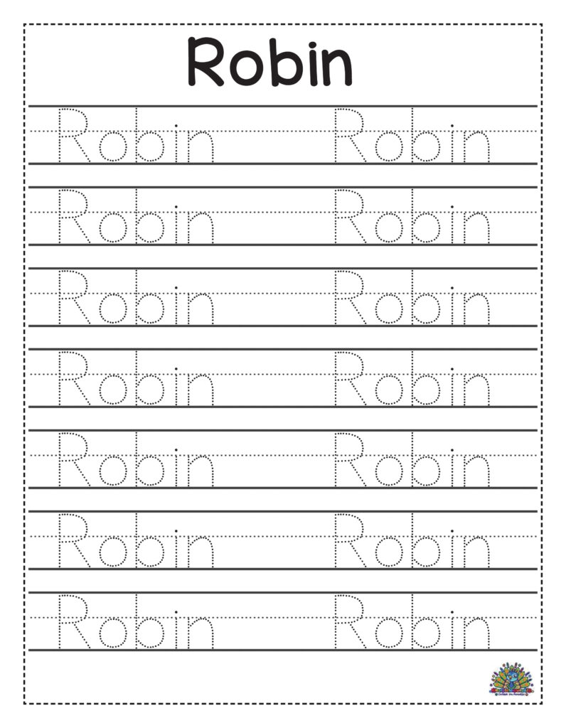 Oefenblad voor kinderen om de naam Robin te schrijven en over te trekken
