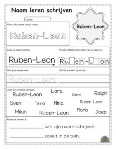 Werkblad met schrijf- en kleuropdrachten om de naam Ruben-Leon te oefenen