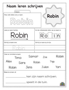 Werkblad om kinderen te helpen de naam Robin te leren schrijven met verschillende oefeningen