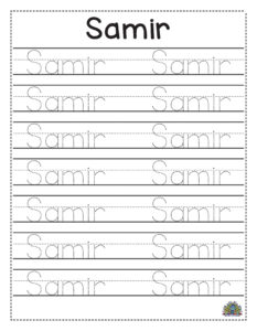 Werkblad om de naam Samir te oefenen met stippellijntjes om de letters te volgen