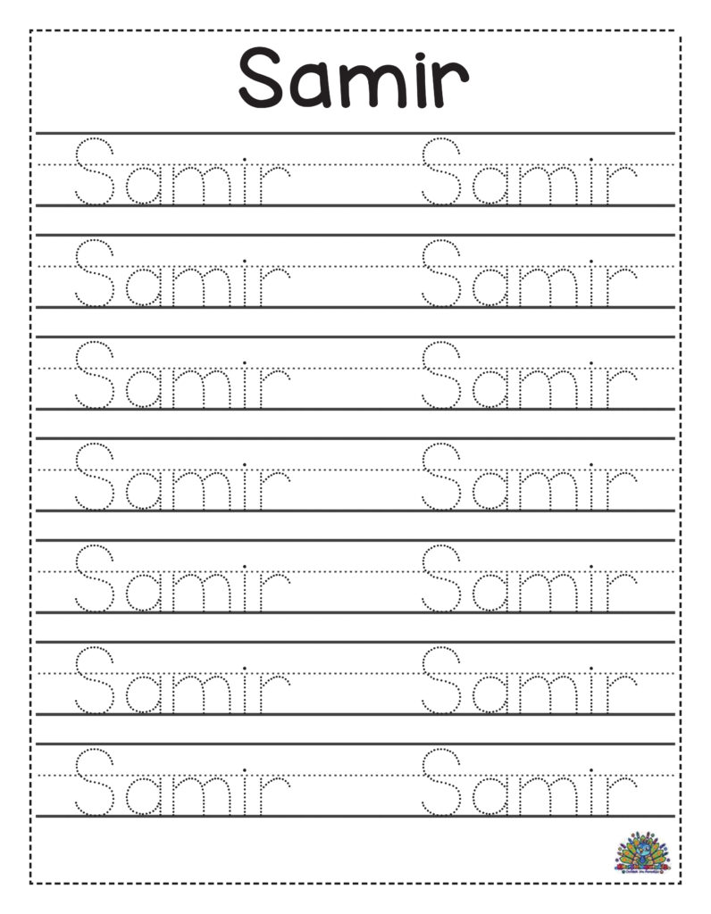 Werkblad om de naam Samir te oefenen met stippellijntjes om de letters te volgen